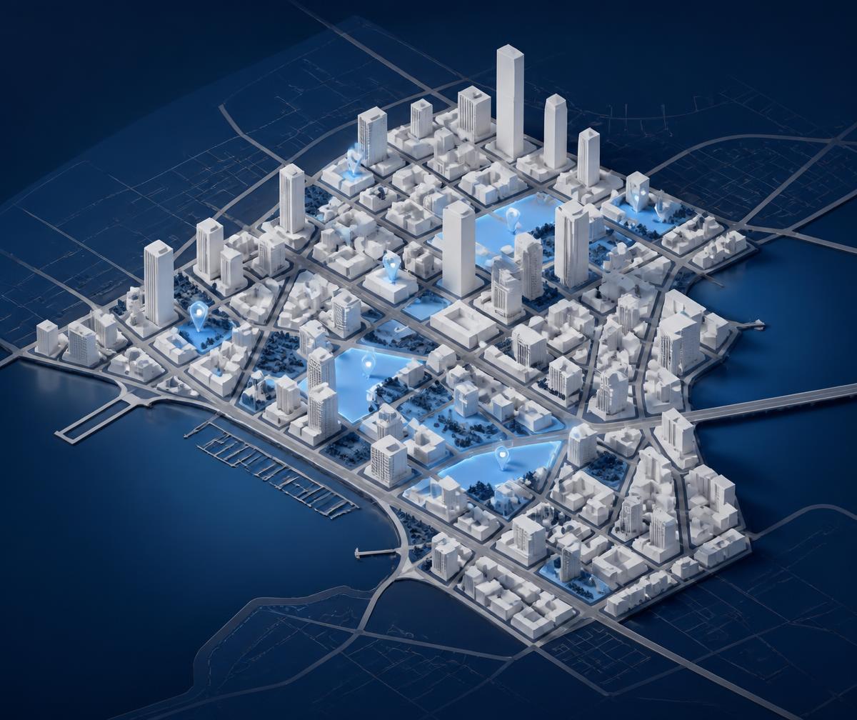 3D city map showing roads, buildings and property location markers