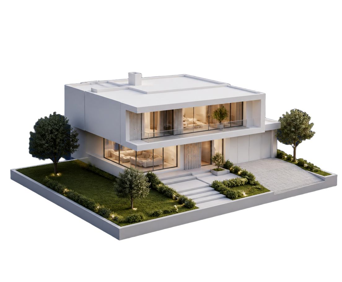 3D architectural model of a modern house on a landscaped plot